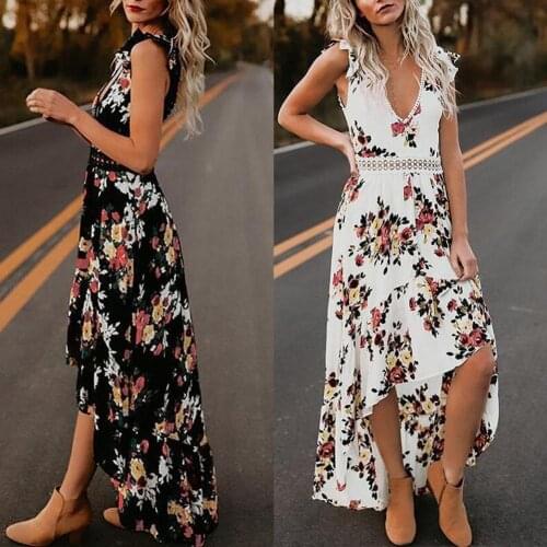 Spring Summer Long Dress Sexy Casual Women High Waist Fashion Women Sleeveless Floral Print Irregular Hem Backless Long Dress