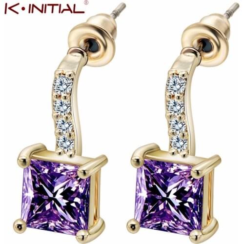 Kinitial Purple Square Cut Flawless Cubic Zirconia Post Claw Stud Earrings Brincos Grandes Para Mulher
