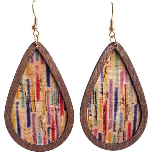 Vintage Classic Colorful Leather Wood Teardrop Dangle Drop Earrings for Women Wooden Jewelry for Newest Trendy