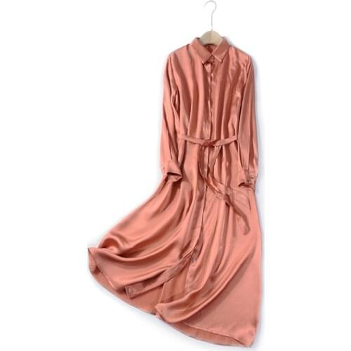 High Quality Spring Summer Dresses for Women 2021 Silk Midi Dress Female Long Sleeve Shirt Dress Vestido De Mujer Pph4811