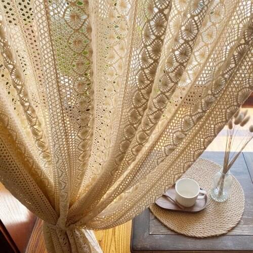 Beige Bohemia Style Handmade Cotton Thread Crochet Lace Splice Living Room Curtain Sun Room Decorative Curtain
