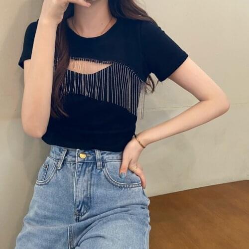 Top Korean Design Short-sleeved Womens Summer New Beaded Two-piece High-short T-shirt