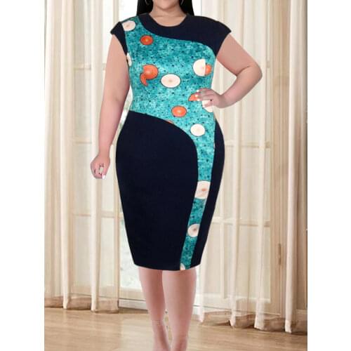 Women Printed African Dresses Plus Size Elegant Bodycon Navy Blue Cap Sleeve O Neck Office Ladies Dress Dropshiping 2021 Summer