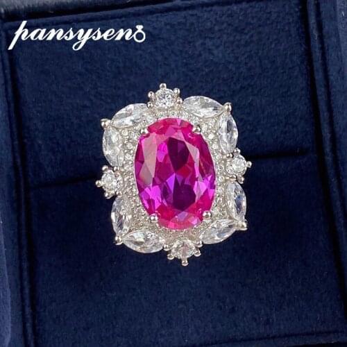 PANSYSEN Real 925 Sterling Silver Oval Cut Rose Pink Sapphire Gemstone Diamond Rings for Women Luxury Wedding Ring Fine Jewelry