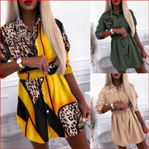 Women Leopard Printed Sequined Lace Patchwork Long-sleeved Lapel Collar Shirt Belt Dresses Button Dress Femme Robe Vestidos
