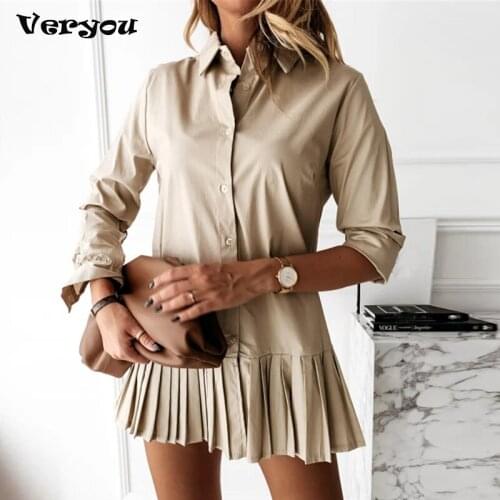Spring Summer Long Sleeve Pleated Shirt Dress 2021 Women Casual Turn Down Collar Mini Dress Button Lady Office A Line Dress