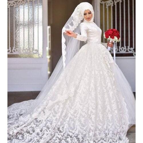 Muslim Ball Gown Wedding Dresses High Neck 2021 Lace Long Sleeve Ivory Islamic Bridal Gowns Bride Formal Wear Vestidos De Novia