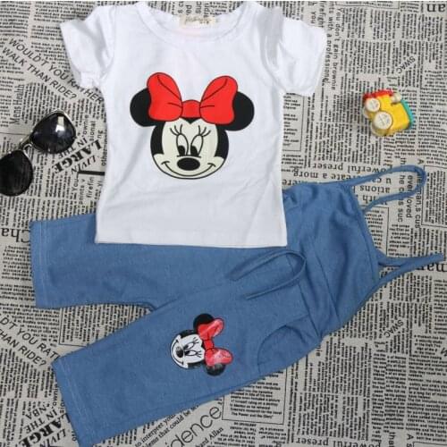 2PCS Disney Minnie Girl Cartoon Summer Clothing Set Female Baby Cotton T-shirt +Denim Overalls Short Sleeve Bib Pants