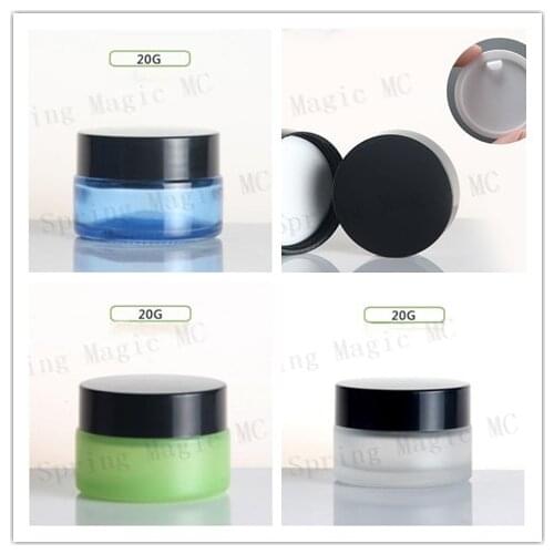 20G Frosted/Green/Blue Glass Bottles With Black Lid Eye Cream/Essence Cosmetic Packaging,20ML Empty Skin Care Case Glass Jars