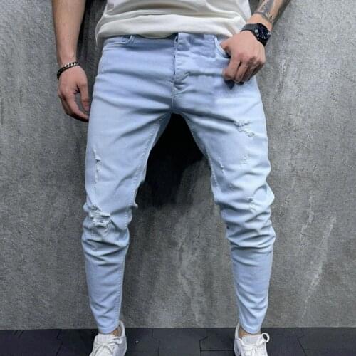 2021 New Mens Jean Ripped Hole Pencil Pants Fashion Men Casual Slim Fit Straight Stretch Skinny Zipper Jeans For Male Trousers