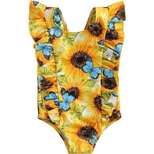 0-5Years Kids Swimwear Sunflower Print One-Piece Swimsuit Summer Boho Round Neck Sleeveless Ruffles Baby Girl Bathing Suit