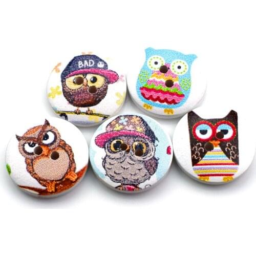 100PCS Cute Owl Round Wood Buttons Sewing Scrapbook Clothing Gifts Crafts Handwork Accessories 20MM Wooden Flatbacks Button