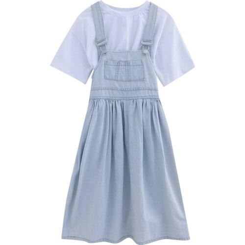 Girl Child Summer Cothing Denim Dress Set Short Sleeve White Tops 4 5 6 8 10 12 years Dress