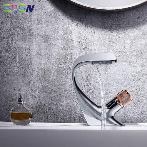 Chrome Waterfall Basin Faucets SDSN Hot Cold Waterfall Bathroom Mixer Tap Single Handle Chrome Rose Gold Basin Sink Mixer Faucet