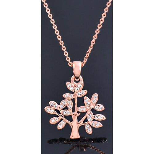 KIOOZOL Lucky Wishing Tree Pendant Crystal Leaf Rose Gold Silver Color Necklace for Women Wedding Party Fashion Jewelry 469 KO1