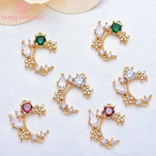 4PCS 14x18MM Brass with Colorful Zircon 24K Gold Color Plated Moon 2 Holes Charms Pendants High Quality DIY Jewelry Findings