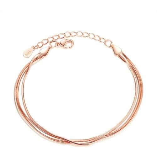 TJP New Trendy Female 925 Silver Braceletss Accessories Fashion Rose Gold 3 Layers Snake Chain Women Anklets Jewelry Lady Bijou
