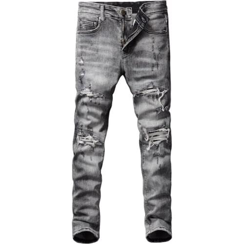 American Street Style Fashion Men Jeans High Quality Retro Gray Elastic Slim Ripped Jeans Men Destroyed Hip Hop Denim Punk Pants