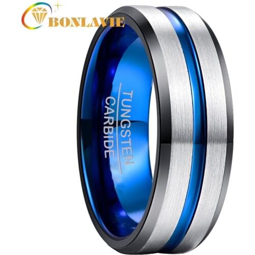 BONLAVIE 8mm Width Tungsten Mens Ring Black Electroplated Inner Ring Bevel + Blue Groove / Steel Frosted Tungsten Steel Ring
