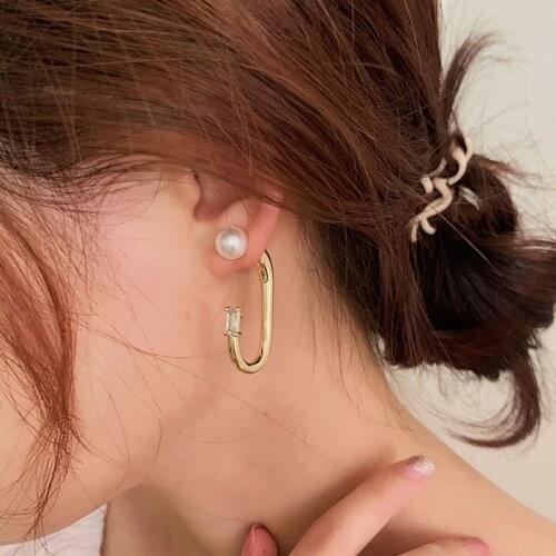 New Trend 2021 Zircon Pearl Beads Hook Shape Korean Fashion Women Earrings Gold Pierced Stud Ear Jewely Ladies Gift
