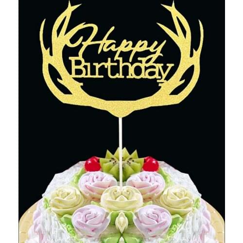 Festival supplies cake toppers gliter horn happy birthday paper cards banner for fruit Cupcake Wrapper Baking party wedding Wh