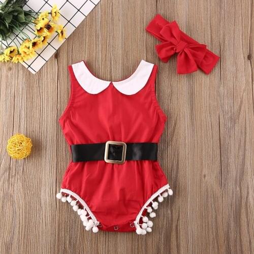 Christmas Princess Infant Baby Girl Bodysuits Headband 2pcs Sleeveless Tassel Xmas Jumpsuit Clothes