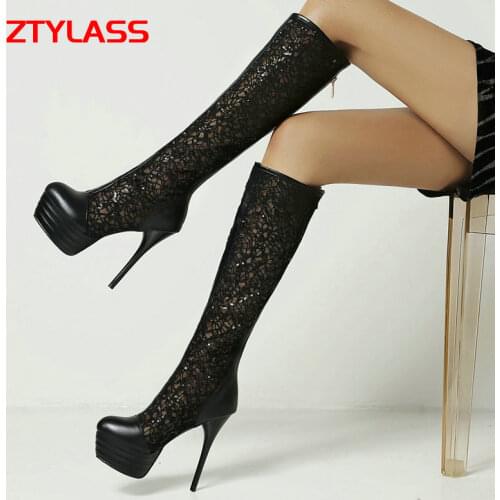 Black White Summer Breathable Mesh Boots Women Platform Zipper Knee High Boots Sexy Thin Hihg Heel Hollow Party Shoes
