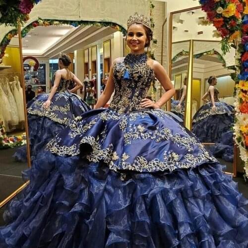 Navy Blue Ruffles Quinceanera Dresses Embroidery Puffy Organza Junior Birthday Party Gown Bead Princess Vestidos 15 Anos