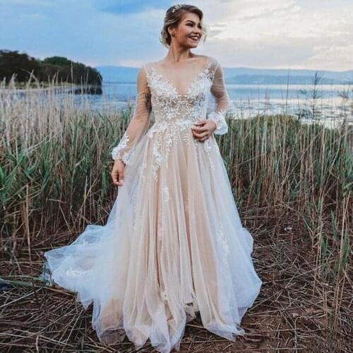 Eightree Vintage Wedding Dresses A Line Beach Boho Wedding Gown Bohemian Bridal Dress Long Sleeve Appliques Robe de soriee