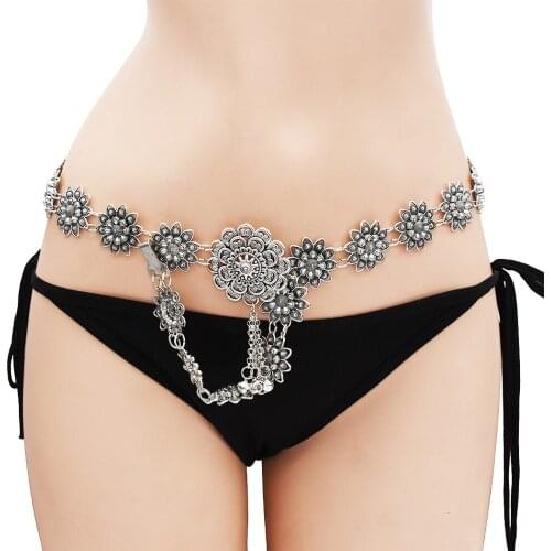 Vintage Color Carved Rose Flower Sexy Waist Chain Tassel Bell Tribal Hippie Belly Dance Belt Body Chain Statement Turkish Gypsy