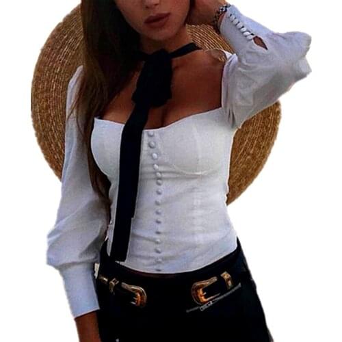 Women Blouse Shirt Female Elegant 2019 Sexy Puff Sleeve Tops Ladies Office Blouses Casual Square Collar White Tunic
