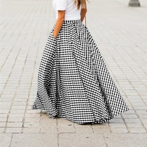 Women Summer Vintage Literary All Match Umbrella Skirt High Waist Slim A Word Plaid Long Skirt Casual Big Swing Check Skirt