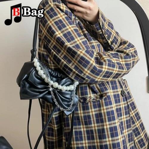 Womens Girl Shoulder Bags punk bow Messenger Bags Y2K female Pearl chain underarm Bag Handbag with straddle bag wrinkle bag