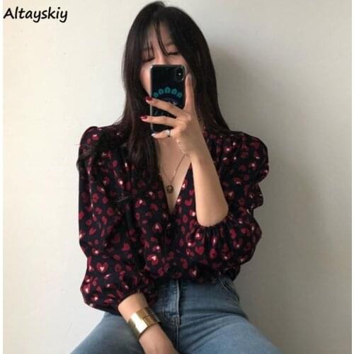 Shirt Women Vintage Printed V-neck Sexy Korean Style Top Sweet Lantern Sleeve Retro Chic All-match Spring Autumn Single Breasted