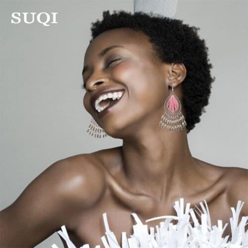 SUQI Bohemian silver color beads Tassel Earrings White Blue Red Cotton thread Long Drop Dangle Tassel Earrings For Women Jewelry