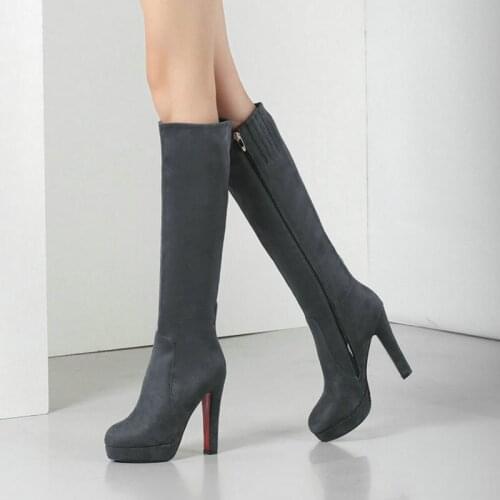 2020 Faux Suede Women Knee High Boots Platform Square Heel Women Boots Fashion Zipper Women Winter Boots Black Brown Gray