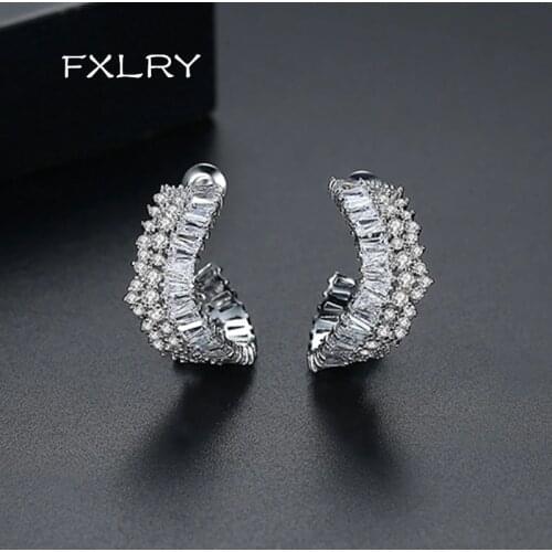 FXLRY New Trendy White/ Gold/Gun Black Color Micro Cubic Zircon Open Half Hoop Earrings for Women Fashion Jewelry Party Accessor