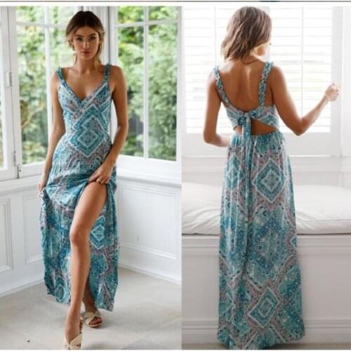Spaghetti Strap Bohemia Womne Summer Dress 2021 Print Floral Sleeveless backless Elegant Sexy long Dress Boho Beach Maxi Dress