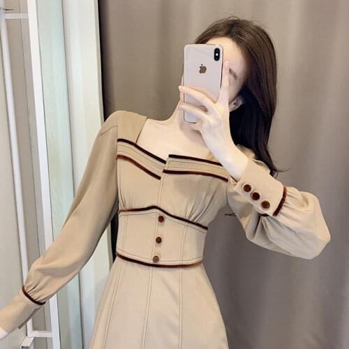 2021 New Summer Womens Shirt Dresses female high waist Vintage fashionable long Sleeve ladies Polyester Elegant vestidos H06