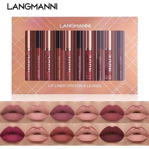 12PCS Silky Lip Gloss Lip Liner Velvet Matte Lipstick Waterproof Long Lasting Lip Glaze Sexy Red Lip Makeup Cosmetics TSLM1
