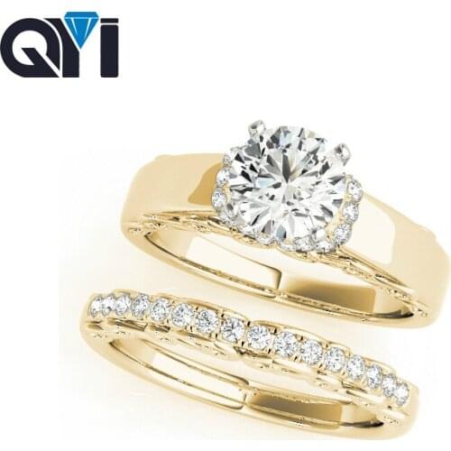 14K Solid Yellow Gold Solitaire Wedding Ring Sets 1ct Round Cut Sona Simulated Diamond Engagement Rings For Women