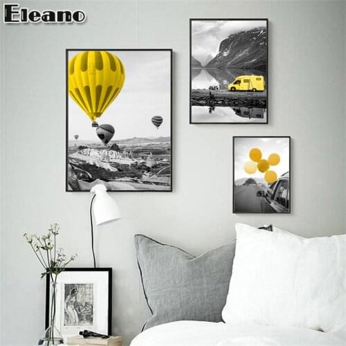 Canvas Painting Abstract Art Gold Balloon Car Poster and Prints Nordic Modern Home Decore Wall Art Seascape Landscape Picture