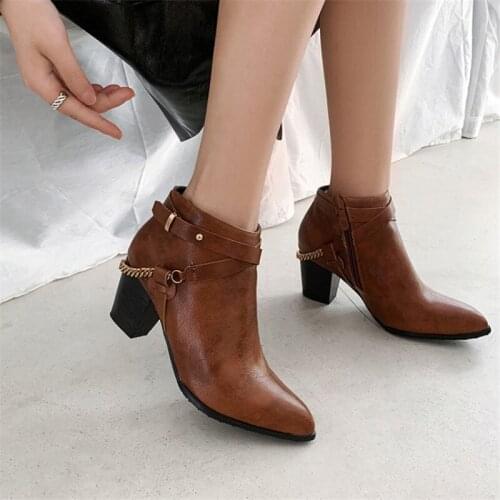 PXELENA 2020 New Retro British Chelea Boots Block Chunky High Heels Pointed Toe Chain Combat Ankle Boots For Woman Plus Size