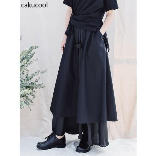 Cakucool High Waist Party Dark Black Womens Skirt Casual Big Retro Stitching Skirt Fake Two Irregular Thin Skirts