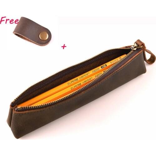 Genuine Leather Simple Style Pen Pencil Case Holder Box Bag Storage Container for Fountain Pen Ballpoint Pen + A Cable winder