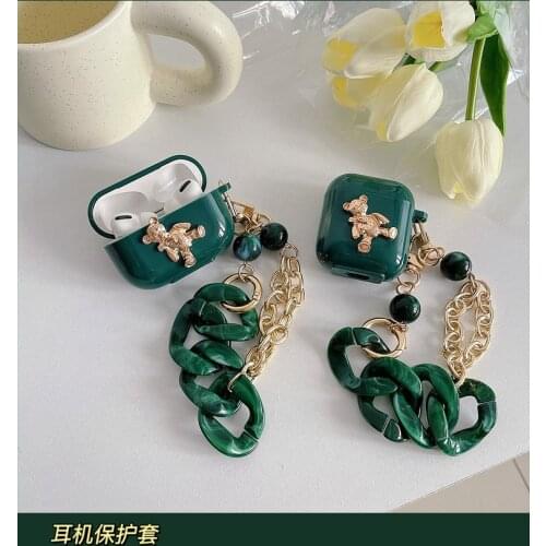 Retro Bear Earphone Case For AirPods 2/1 airpod Emerald Earphone Cover For AirPods Pro 3 Headset Case with Gold Lanyard Chain