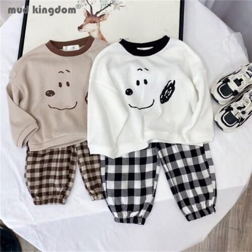Mudkingdom Kids T-shirt Jogger Set Cartoons Solid Long Sleeve Pullover Tops Plaid Pants Sets for Boys Girls Casual Outfits