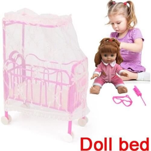 Kids Playset Plastic Cot Bed With Bed Net Dollhouse Furniture Dolls Accessories Children Furniture Decor Kids Pretend Play Toy