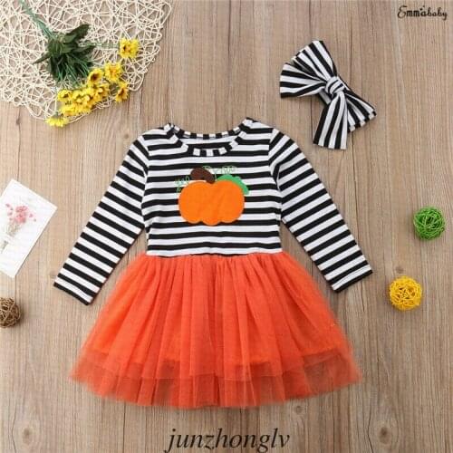 Toddler Kids Baby Girls Cartoon Lace Tutu Striped Long Sleeve Dress Halloween Costume
