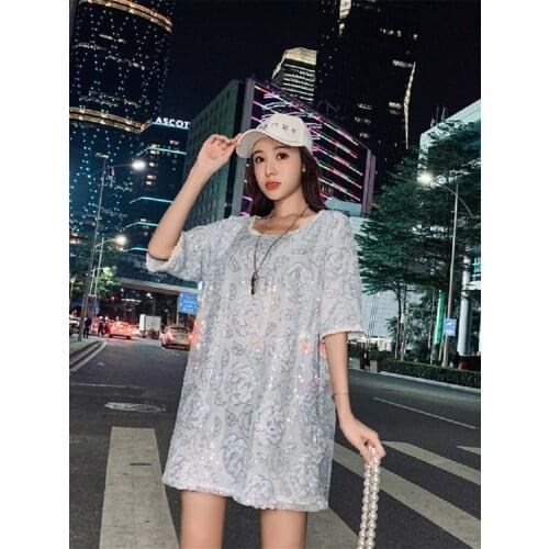 Europe Thailand Summer New Sweet Women Sequined Top T-Shirt Party Elegant Lady Floral Glitter Mini Dress Girls Street Wear